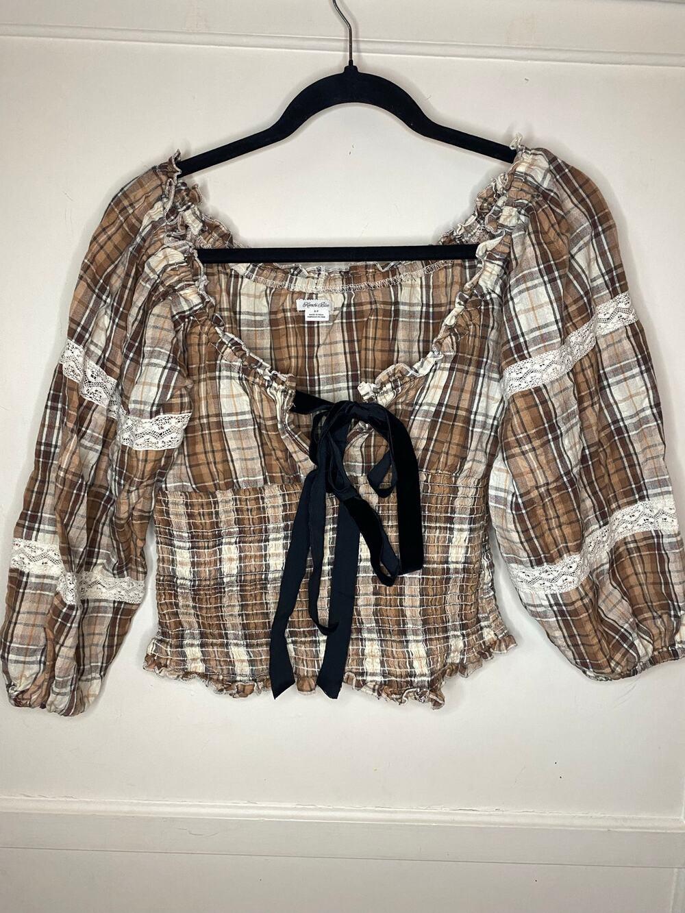 Kimchi blue Brown Plaid bow tie waist cinched top